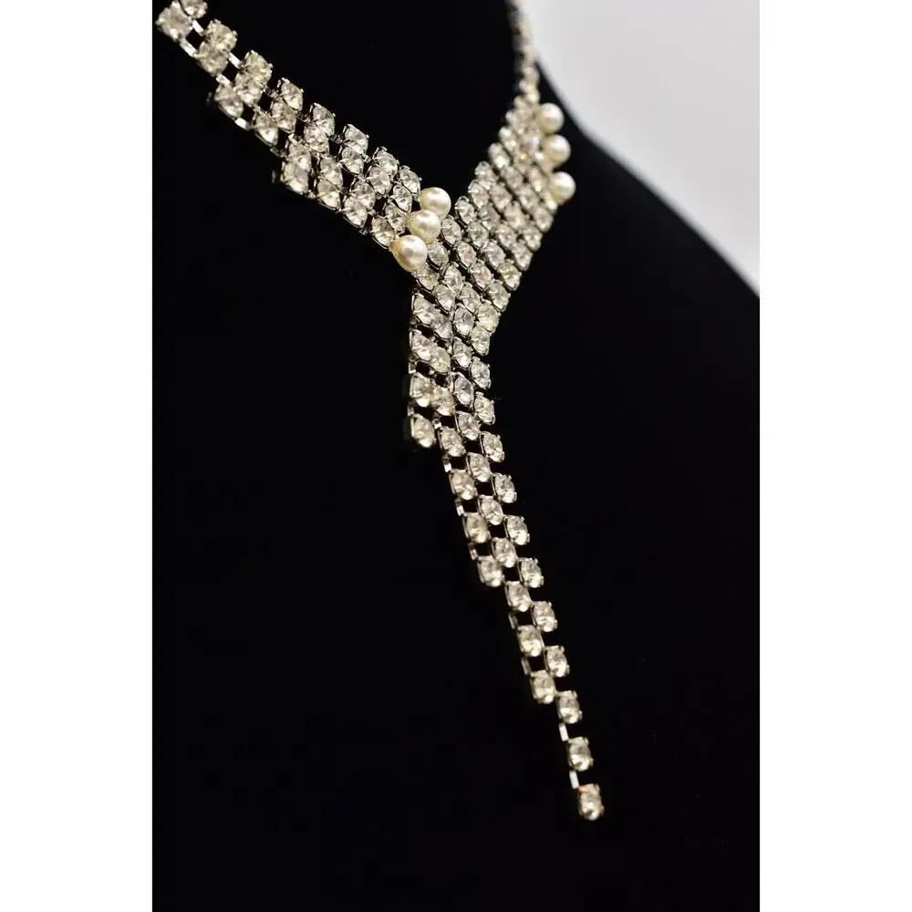Vintage Crystal Collar Choker Necklace Pearl Silver Chunky Glam 1980s BinBJ